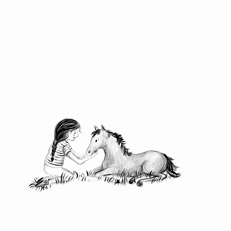 A girl kneeling down with a foal, drawn with pencil 